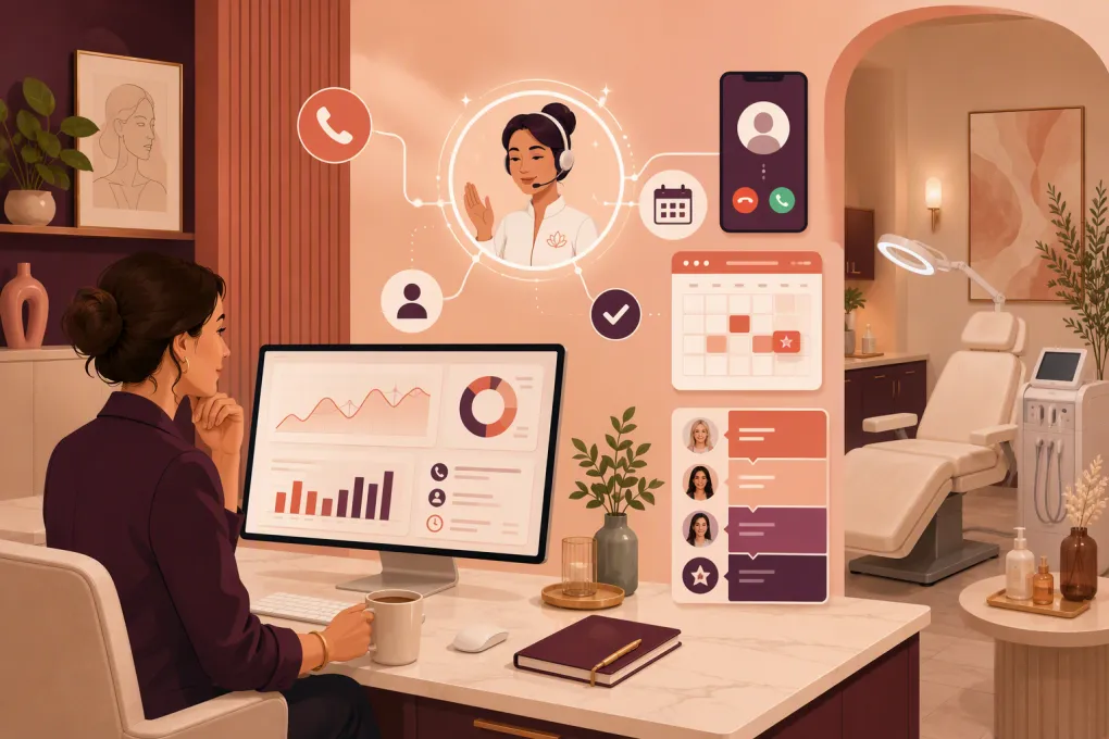 Med spa owner reviewing missed calls, lead follow-up, and appointment booking activity