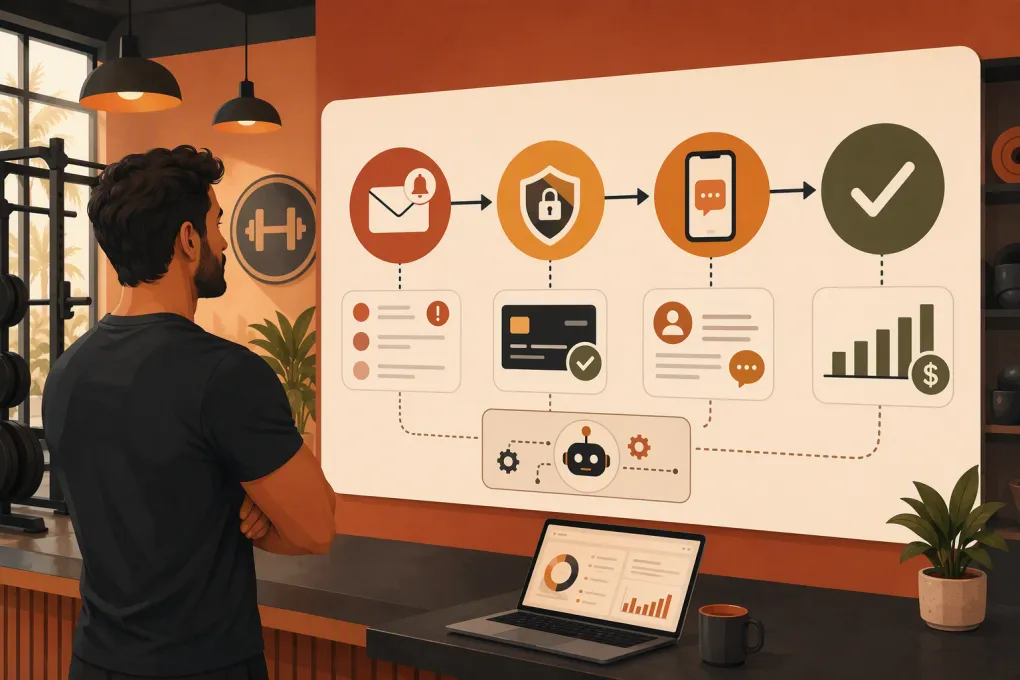 Gym operator managing an automated failed-payment recovery workflow