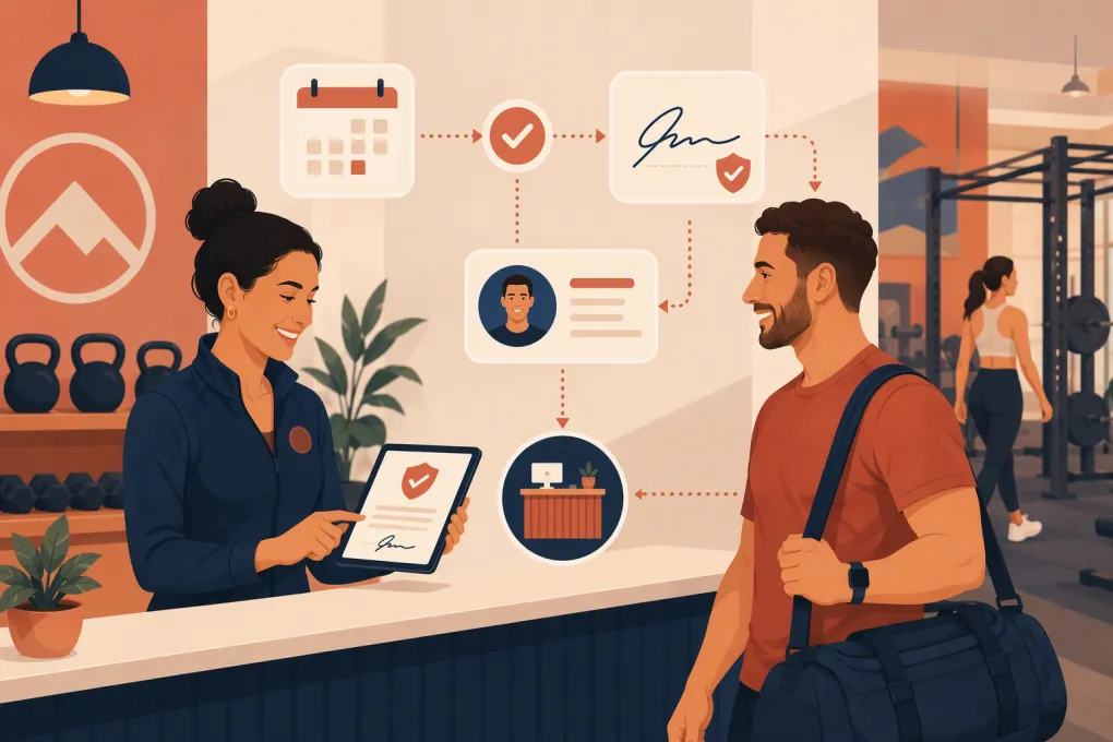 Gym member completing a digital liability waiver connected to an automated check-in workflow