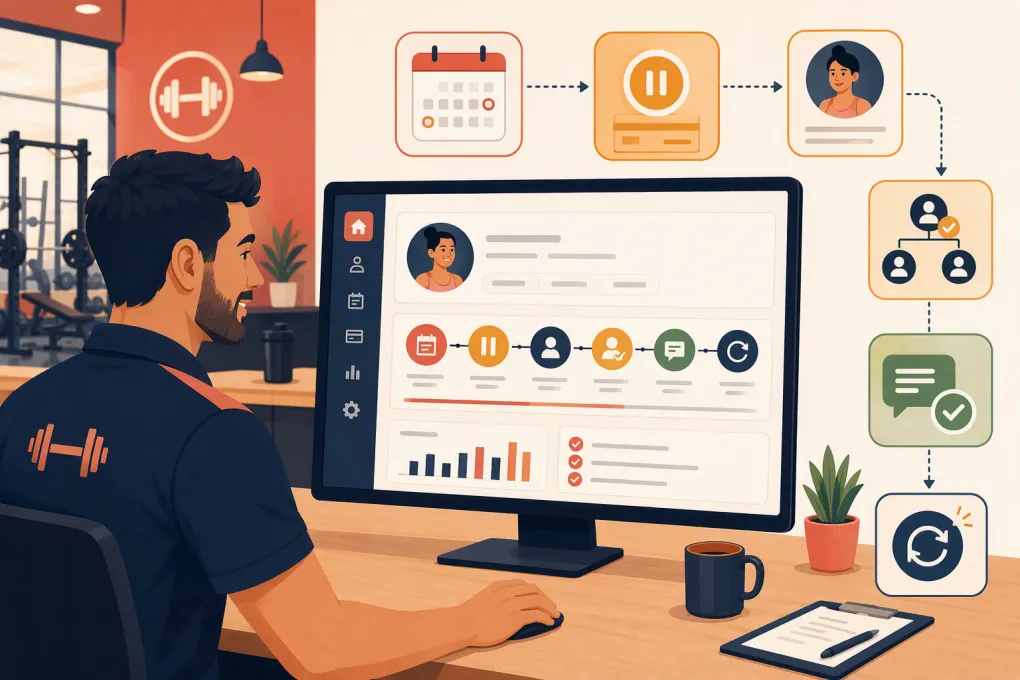 Gym operator reviewing an automated membership freeze workflow with billing and reactivation steps