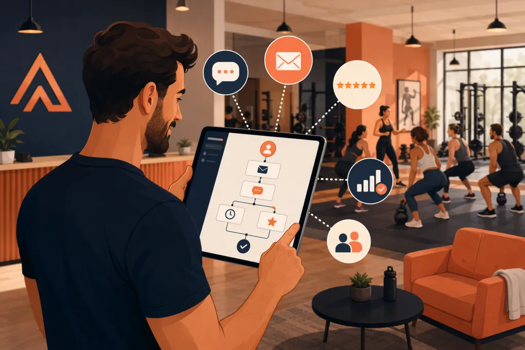 Gym owner managing automated member review requests from a tablet