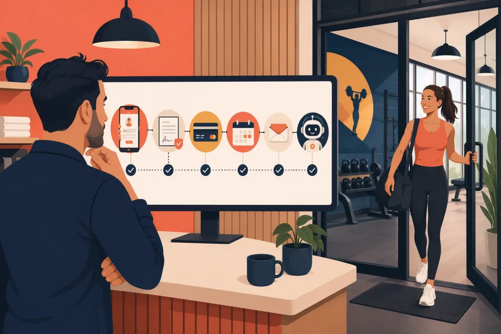 Automated gym member onboarding workflow connecting forms, payments, messages, and class booking