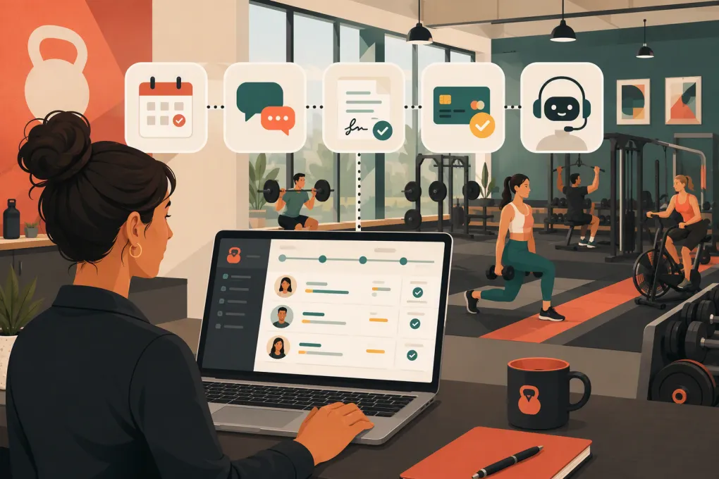 Gym operator managing automated personal training renewals from a laptop