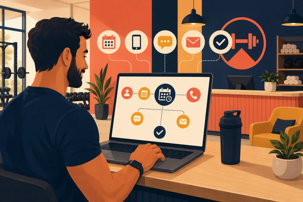 Gym operator managing automated prospect appointment reminders from a laptop