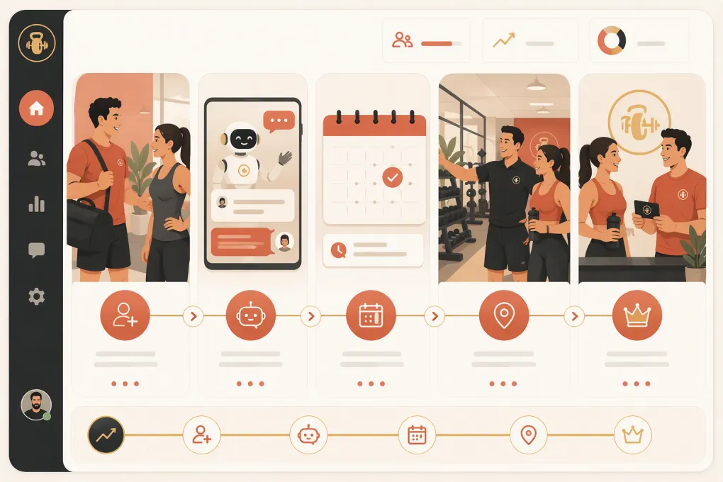 Automated gym referral workflow connecting a member introduction to booking and membership