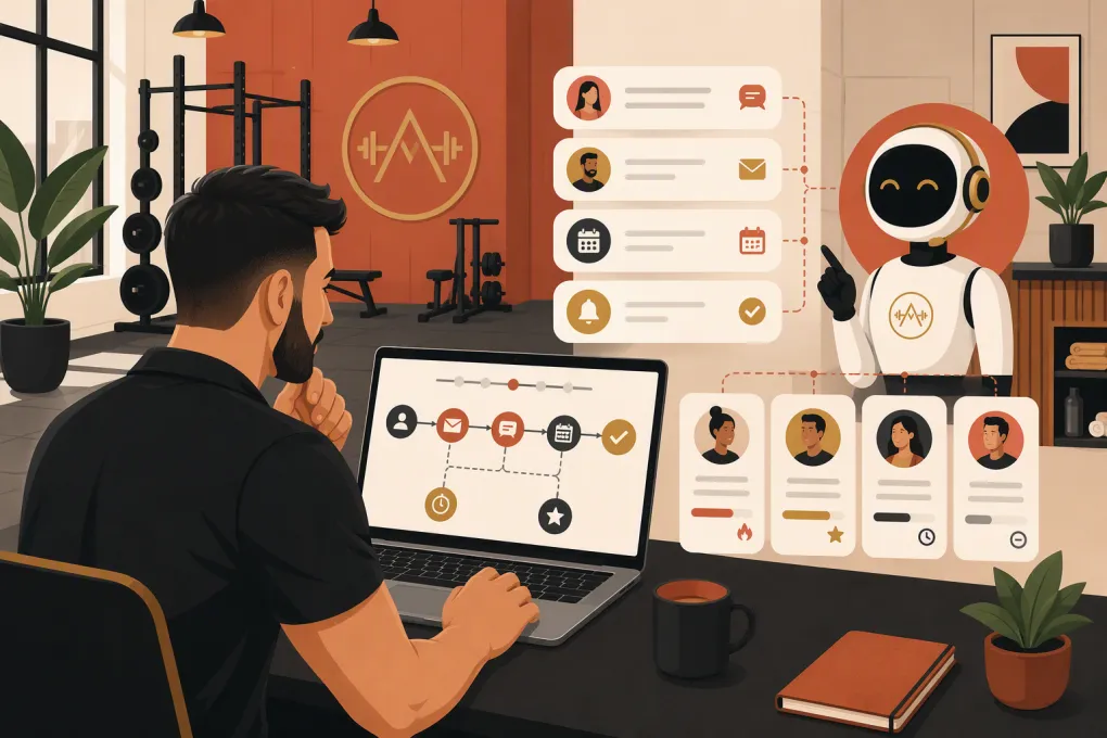 Gym owner reviewing an automated tour follow-up workflow managed by an AI receptionist