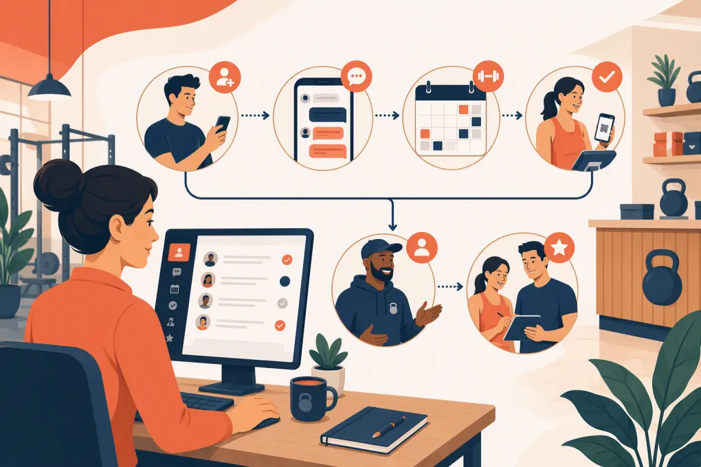 Automated gym trial workflow connecting lead response, class booking, attendance, and staff follow-up