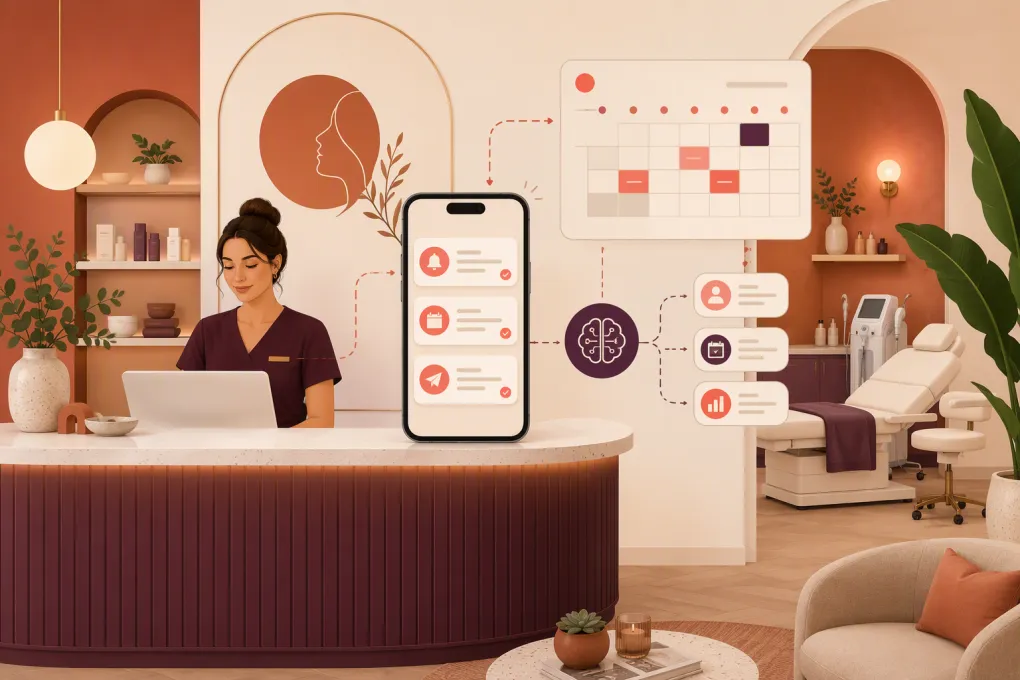 Automated med spa appointment reminders connecting a phone, booking calendar, and reception desk