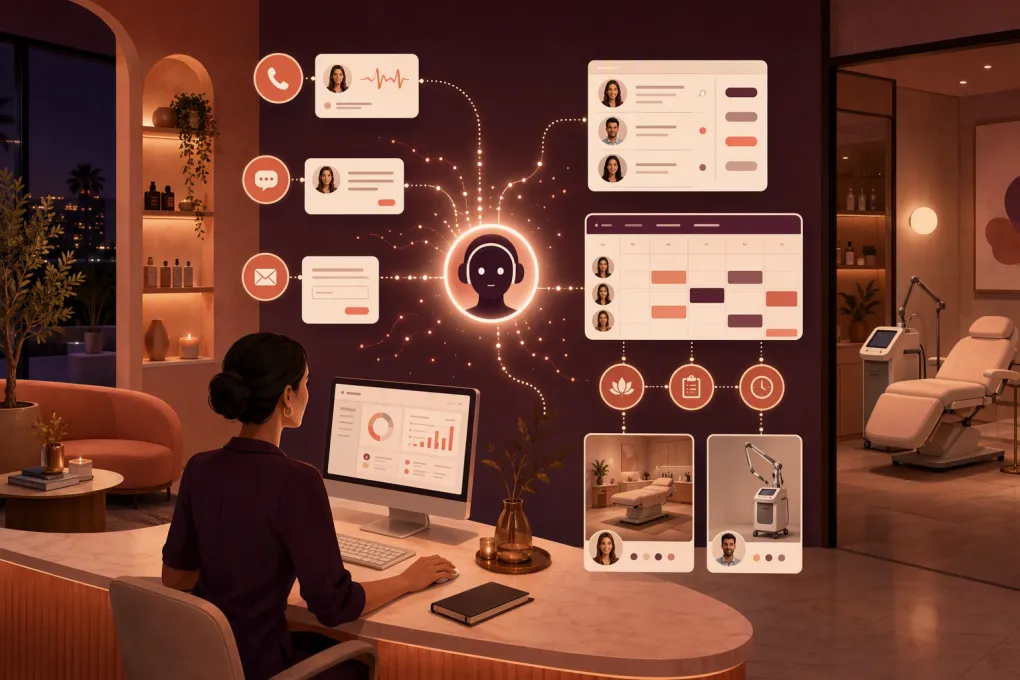 AI receptionist routing med spa calls, texts and forms into a consultation calendar