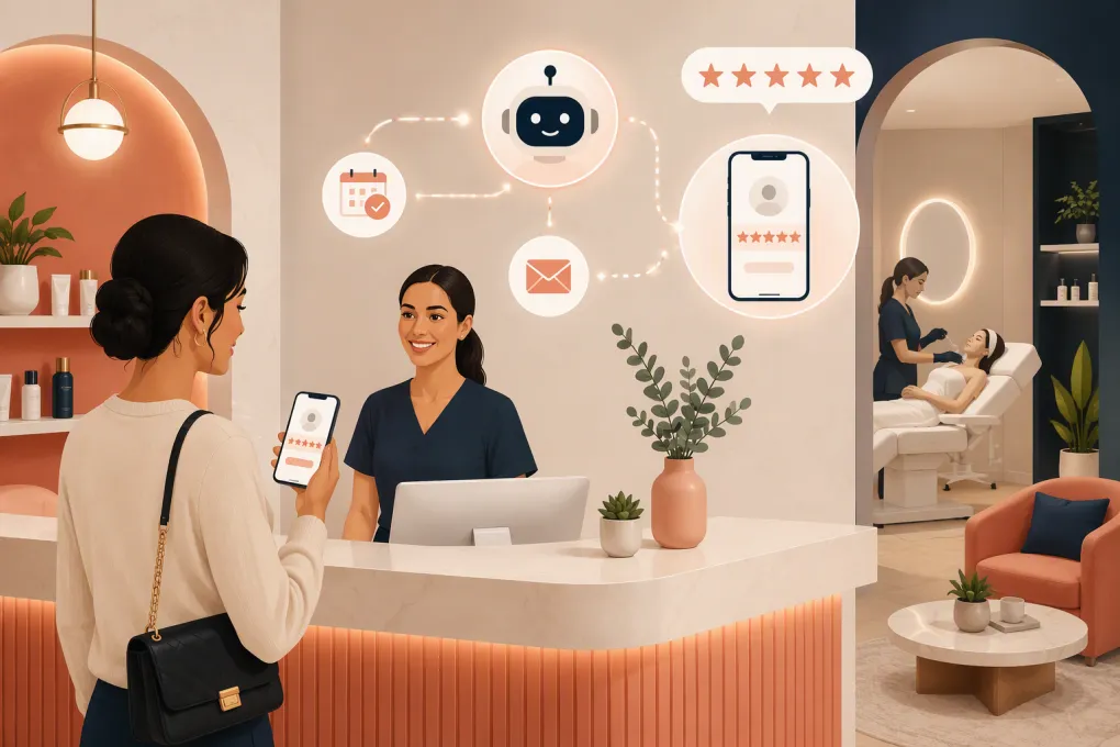 AI assistant automating client review requests from a modern med spa reception desk