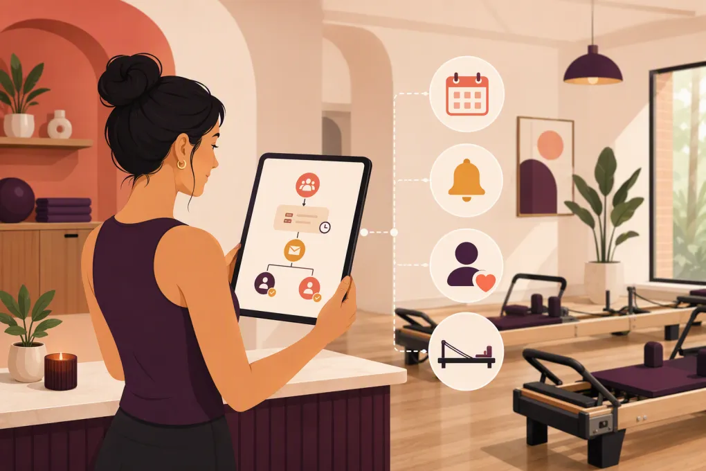 Pilates operator managing automated class waitlist notifications from a tablet