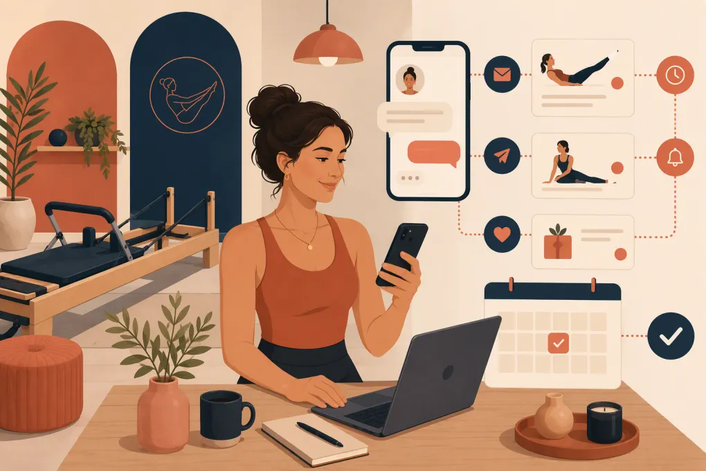 Pilates studio trial-class follow-up flowing through automated texts, booking, and staff tasks