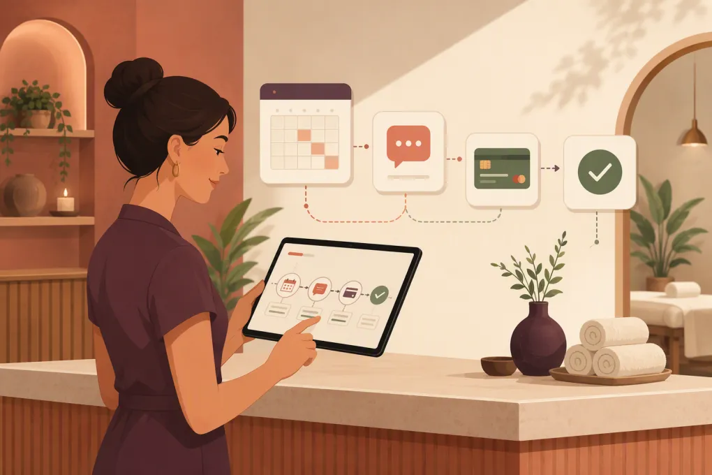 Spa owner managing automated membership renewal reminders from a tablet