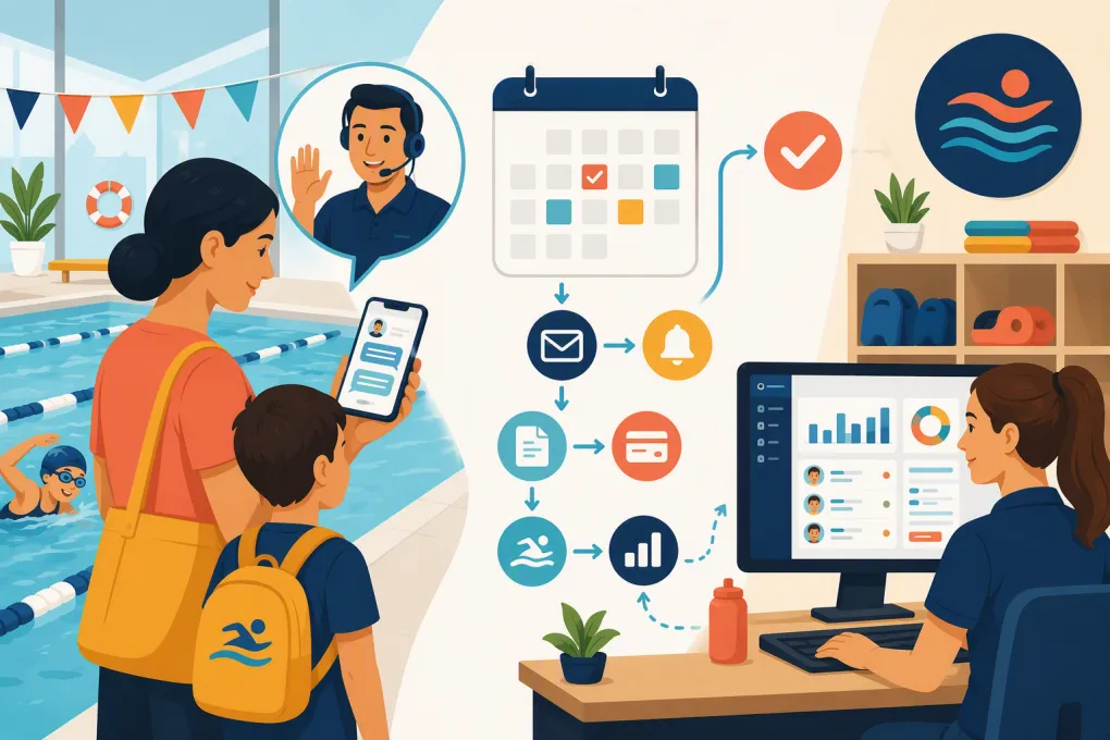 Automated swim school enrollment workflow connecting parent inquiries, trial bookings, and staff follow-up