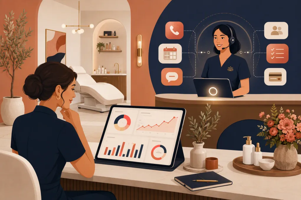 Med spa operator measuring ROI while an AI receptionist manages calls, bookings, follow-up, and payments