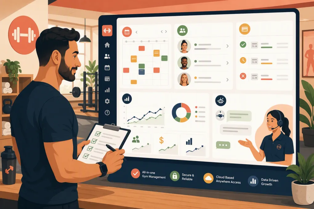 Gym owner comparing booking, billing, CRM, reporting, and AI software features