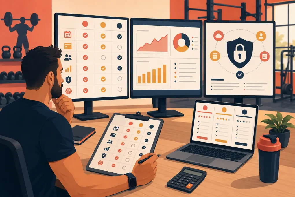 Gym owner using a scorecard to compare management software vendors
