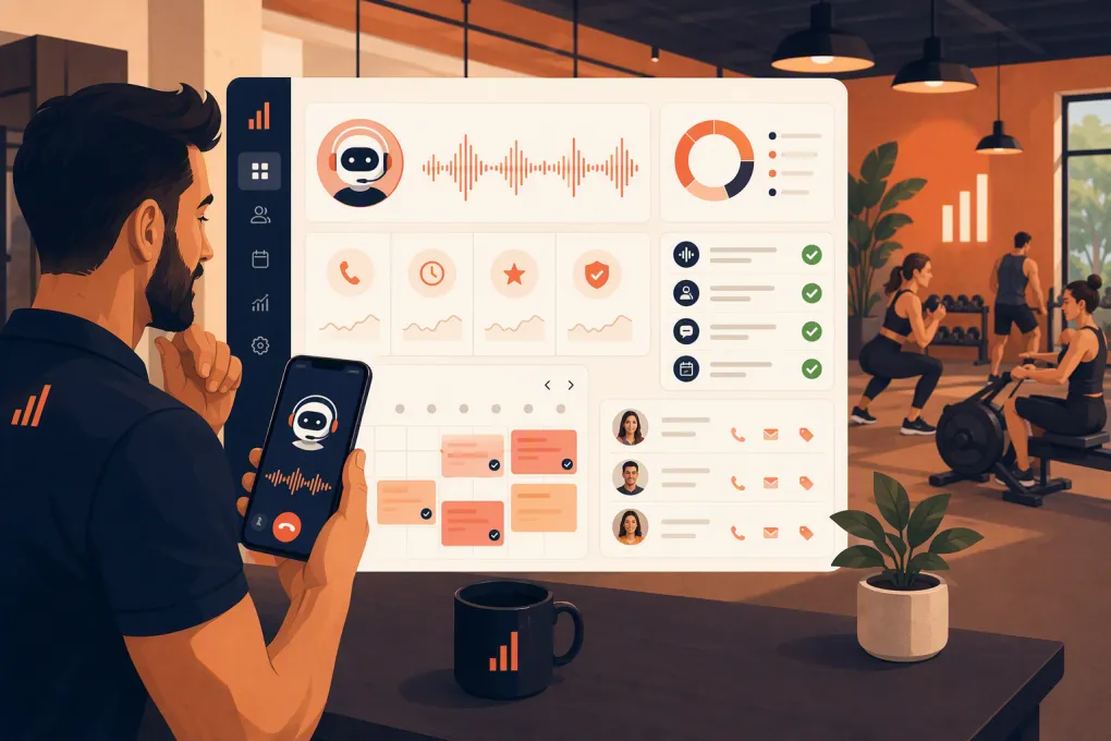 Gym operator reviewing AI receptionist calls, bookings, and lead records on a dashboard