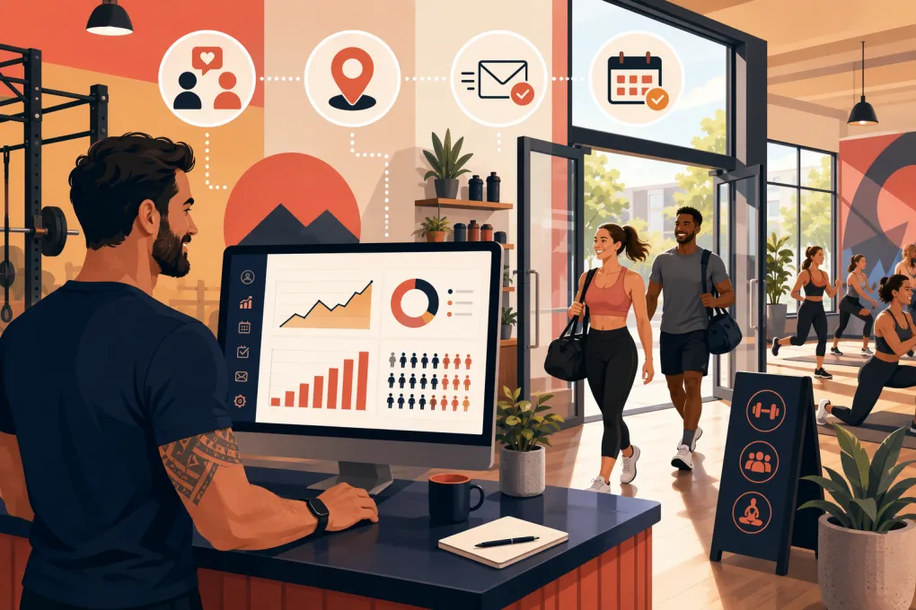 Gym owner tracking new memberships, leads, referrals, and class bookings