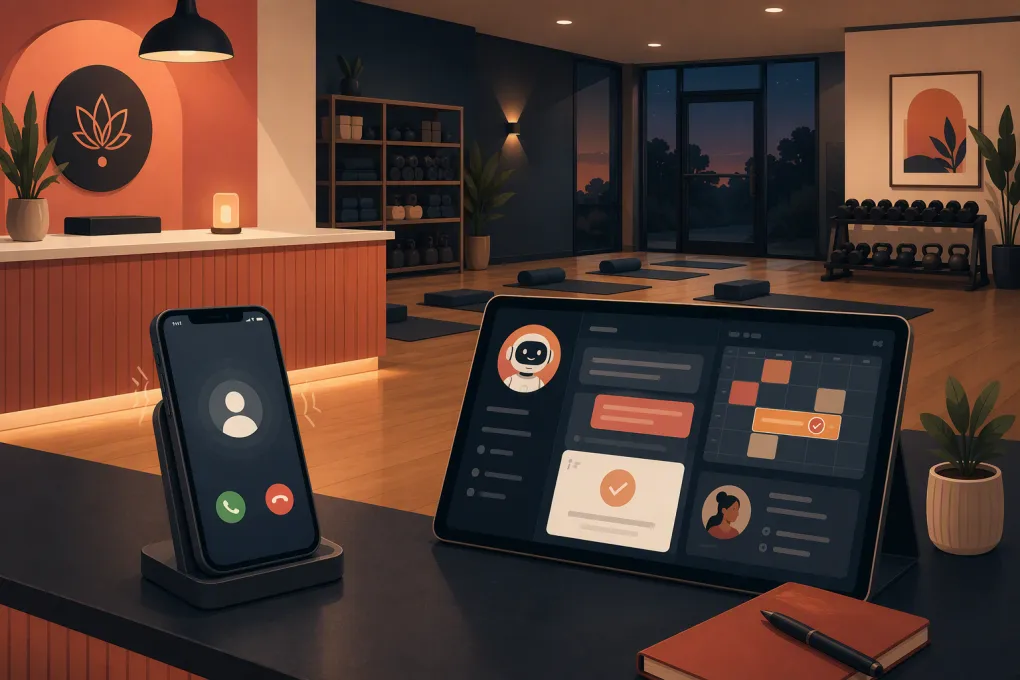 AI receptionist handling an after-hours call and booking a fitness studio class