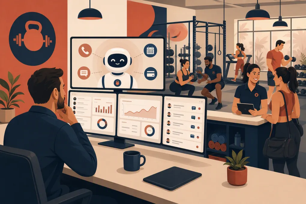 Gym owner using AI automation to reduce front desk workload while staff assist members