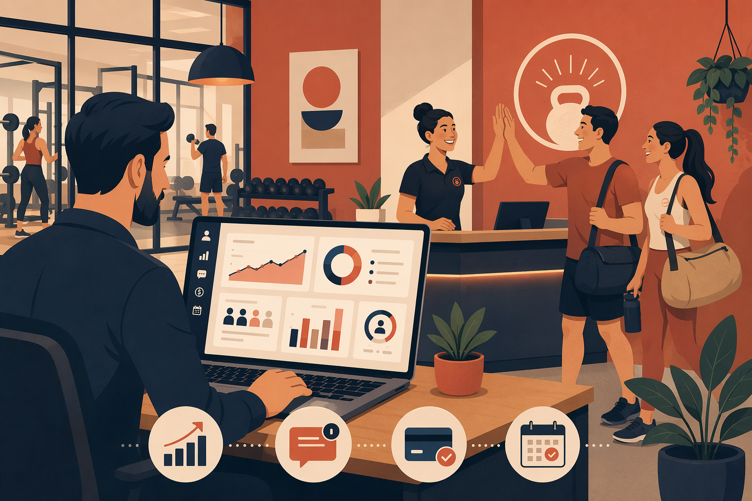 Gym owner reviewing retention workflows while staff engage returning members