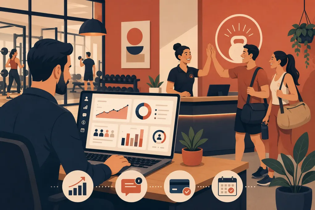 Gym owner reviewing retention workflows while staff engage returning members