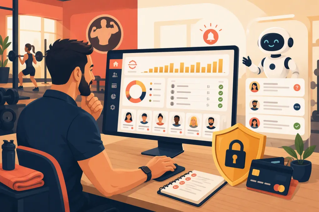 Gym owner reviewing protected recurring membership payments and member communications