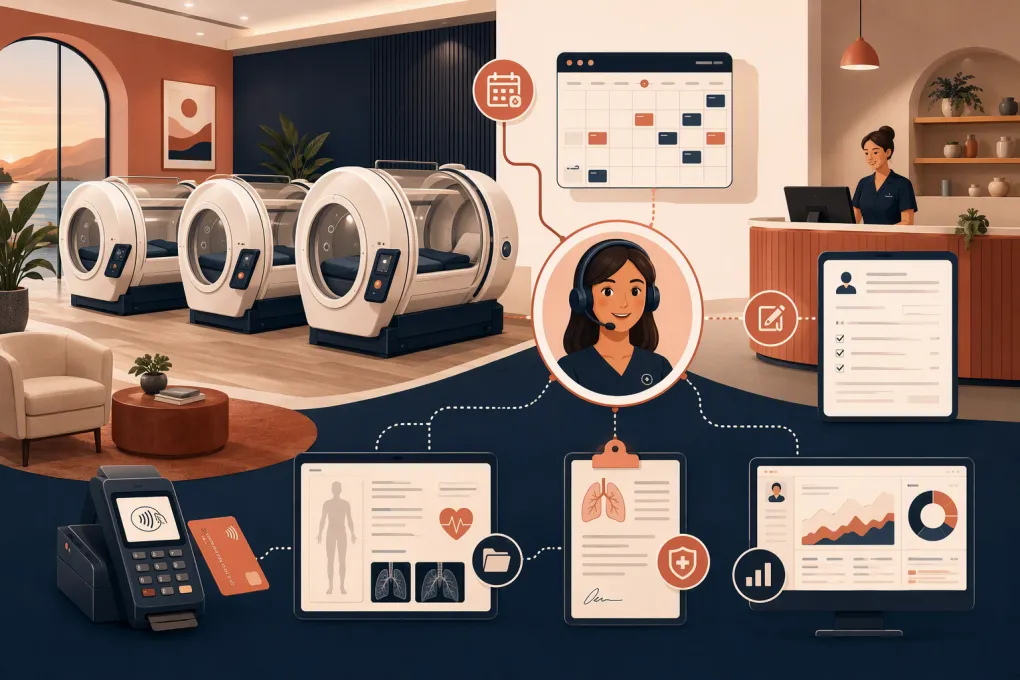 Hyperbaric center software coordinating chamber schedules, intake, payments, records, and reception