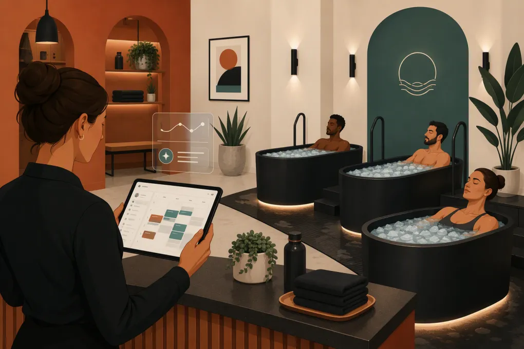 Operator managing bookings on a tablet inside a modern ice bath studio
