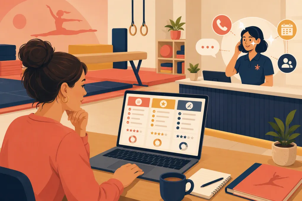Gymnastics operator comparing class software while an AI receptionist handles parent inquiries