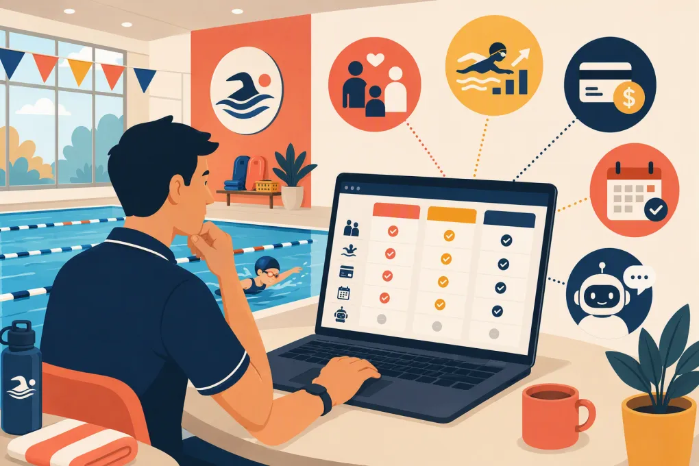 Swim school operator comparing scheduling, billing and enrollment software beside an indoor pool