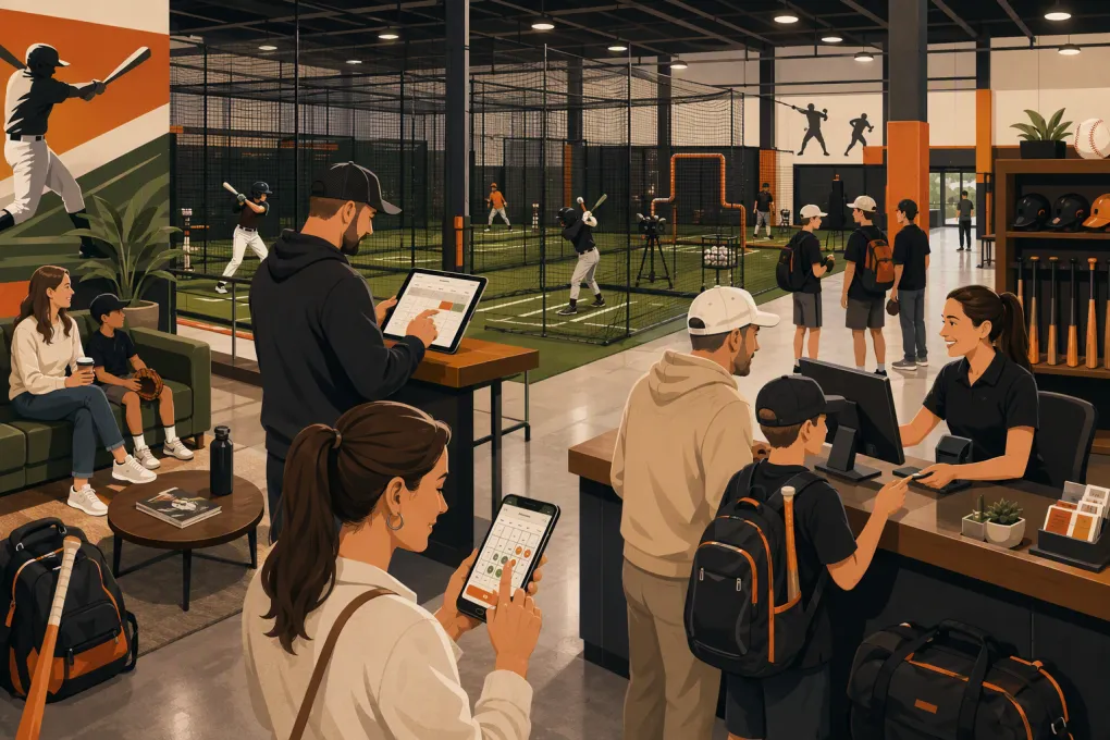 Operator managing online reservations at an indoor batting cage facility