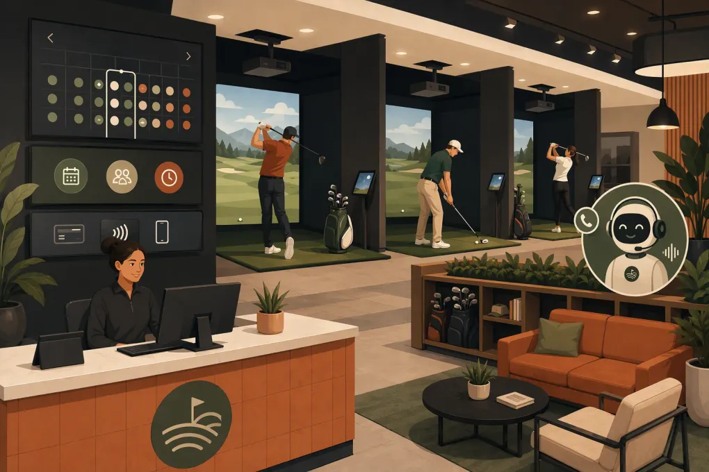 Indoor golf facility with simulator bays, online scheduling, payments, and an AI receptionist
