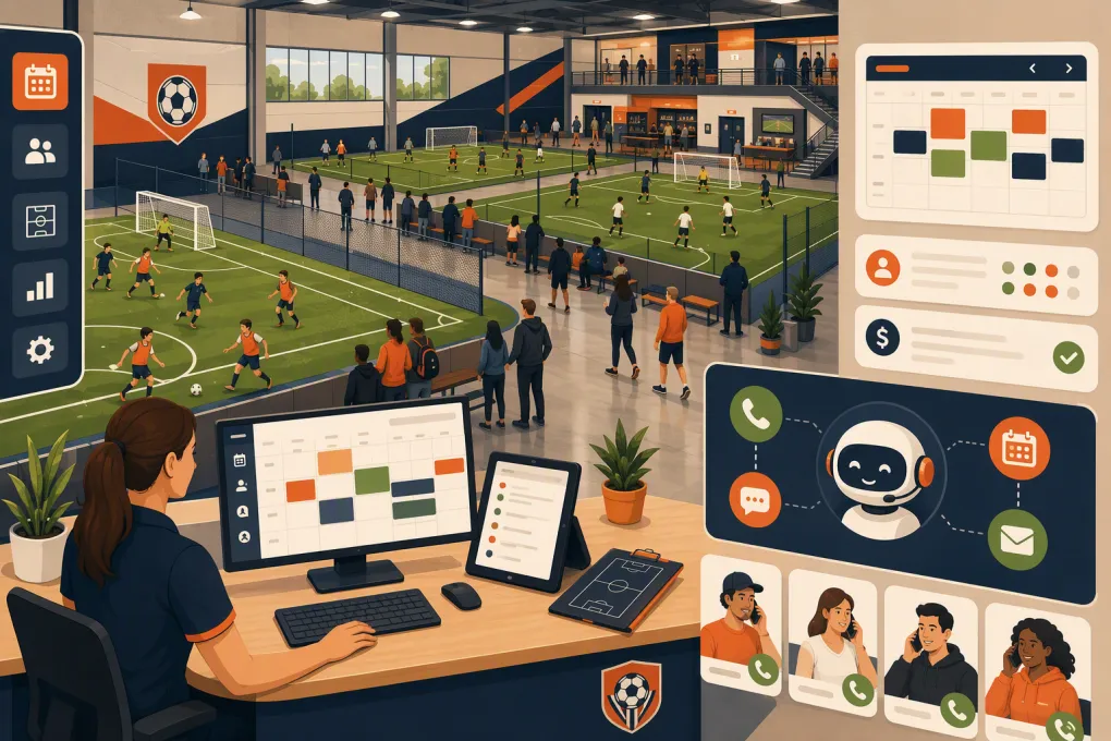 Indoor soccer facility operator managing fields, bookings, payments, and customer inquiries