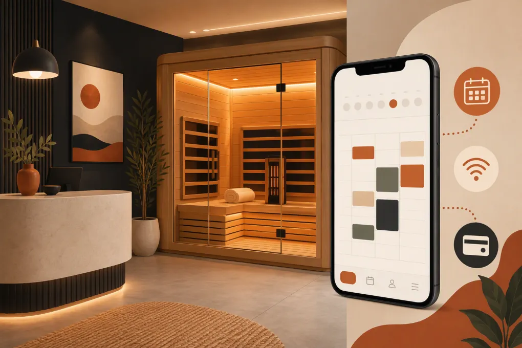 Infrared sauna studio with digital appointment scheduling and automated booking