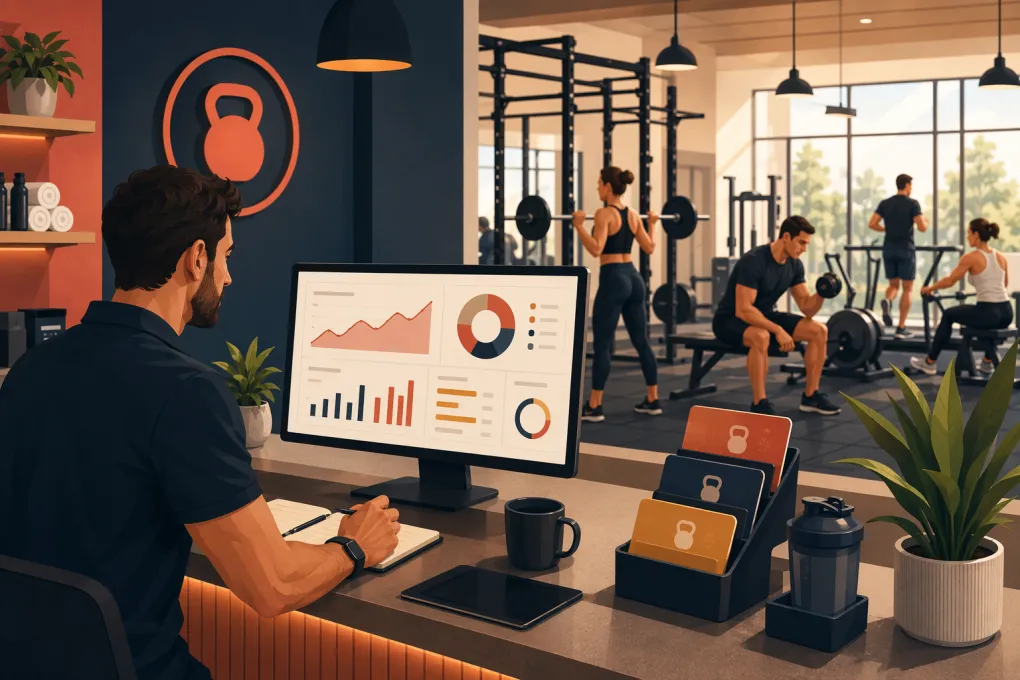 Gym owner reviewing business performance while members train