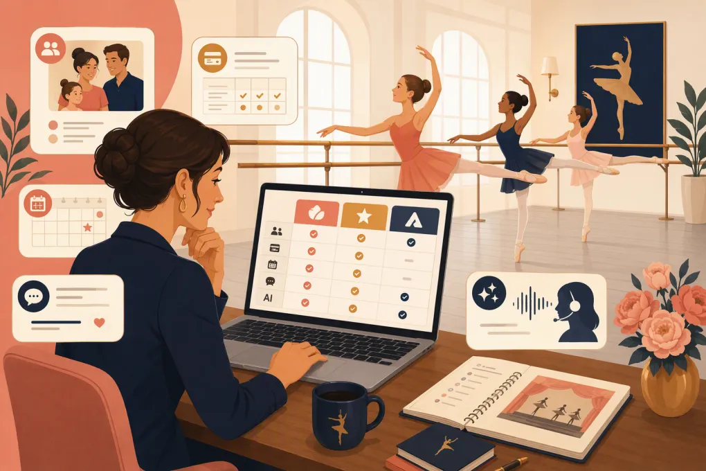 Ballet school owner comparing enrollment, billing, recital, and communication software