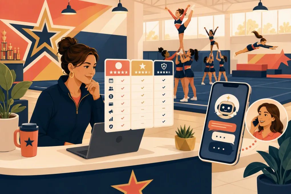 Cheer gym operator comparing class software and an AI receptionist