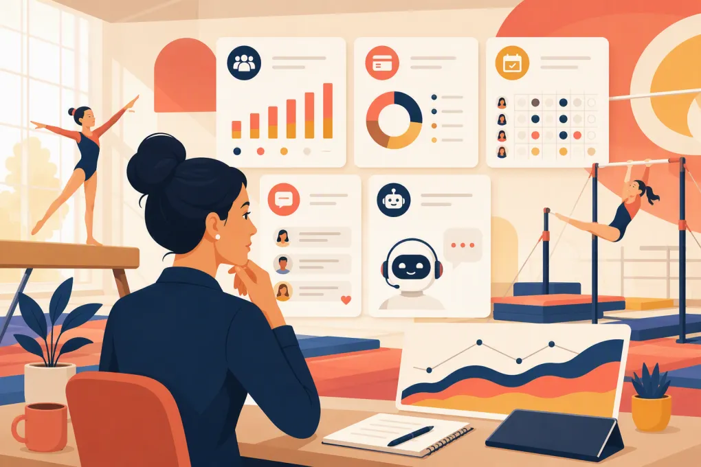 Gymnastics school operator comparing class management and AI receptionist software