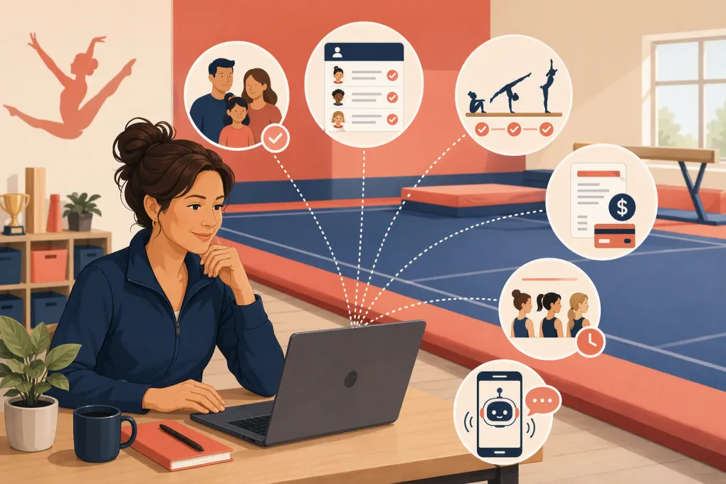 Tumbling gym owner comparing class management and AI receptionist software