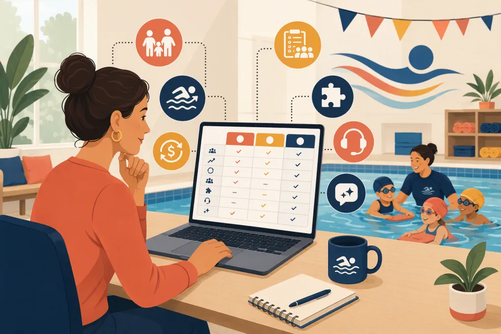 Swim school owner comparing enrollment, billing, progression, and communication software