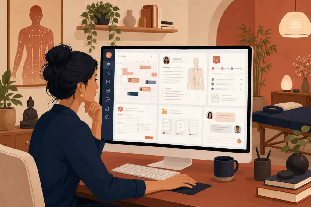 Acupuncture clinic owner comparing scheduling, charting, billing, and patient communication software