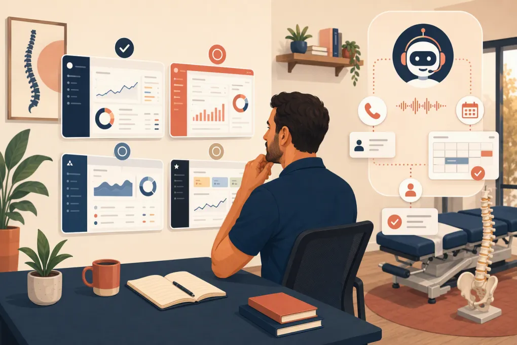 Chiropractor comparing EHR platforms and an AI front-desk system