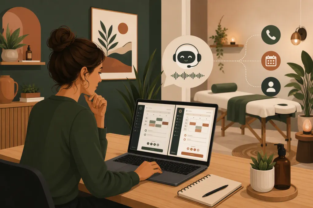 Massage therapist comparing booking software while an AI receptionist handles client inquiries