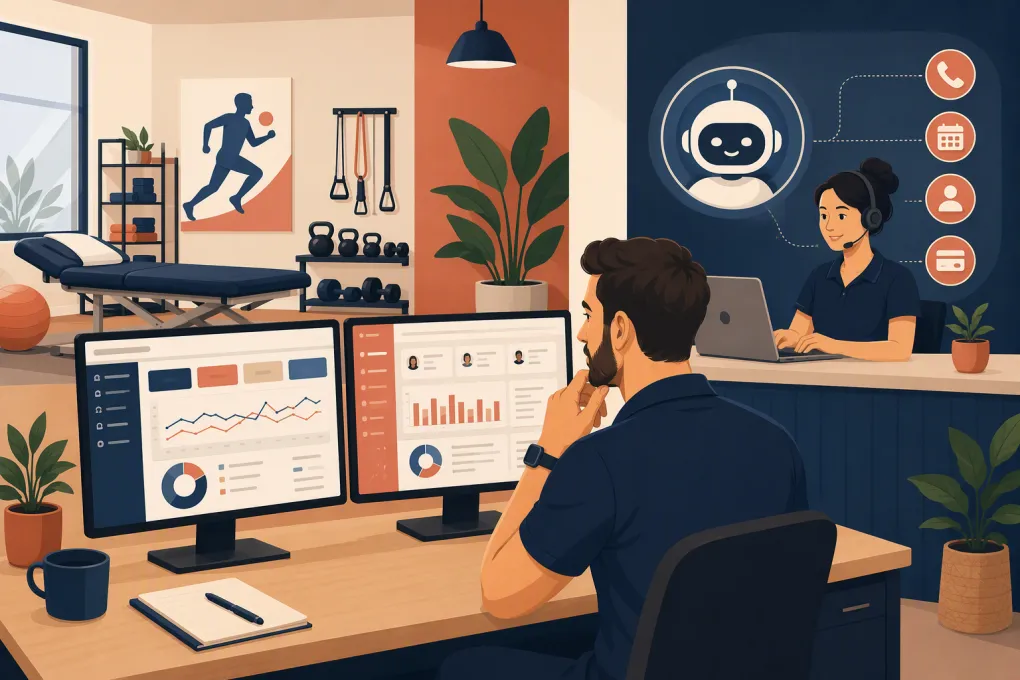 Physical therapy clinic operator comparing software while an AI receptionist handles front-desk tasks