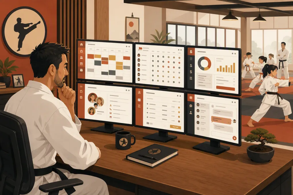 Karate school owner comparing scheduling, billing, attendance and lead management software