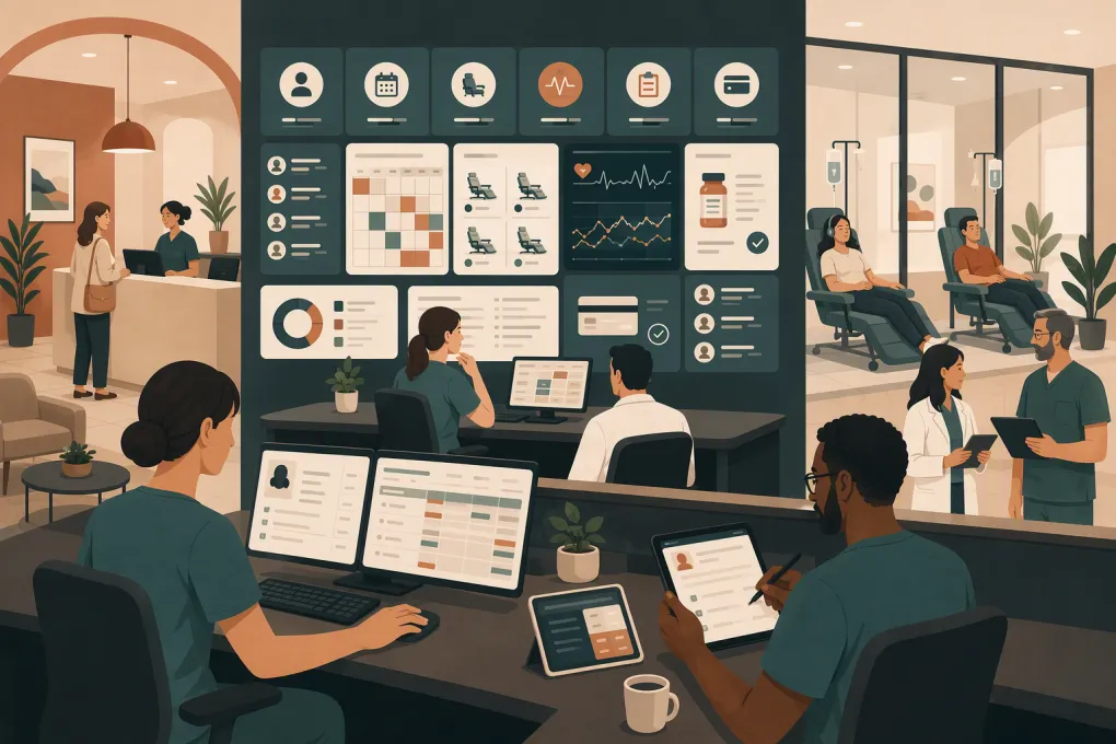 Ketamine clinic software connecting intake, infusion rooms, clinical records, payments and follow-up