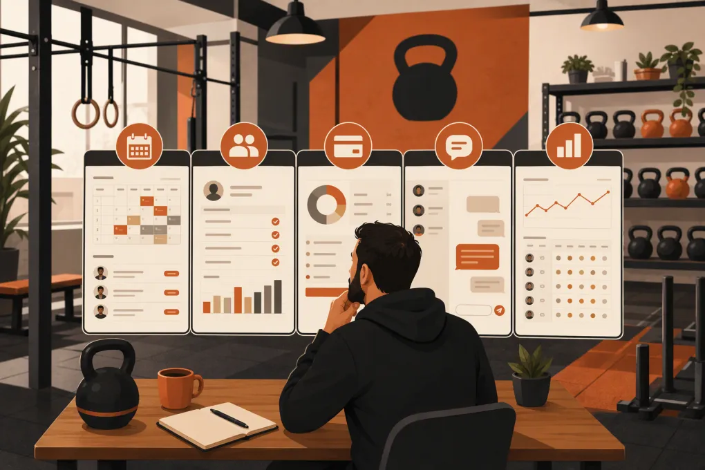Kettlebell gym owner comparing booking, membership, payment, and lead management software
