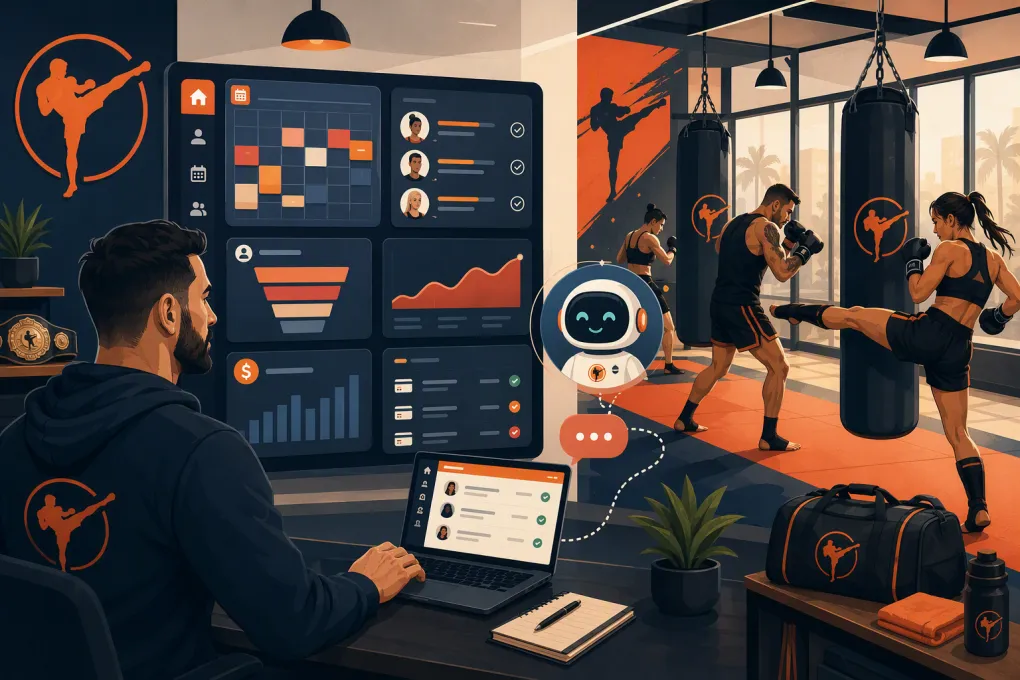 Kickboxing gym owner managing bookings, members, leads, and billing from one dashboard